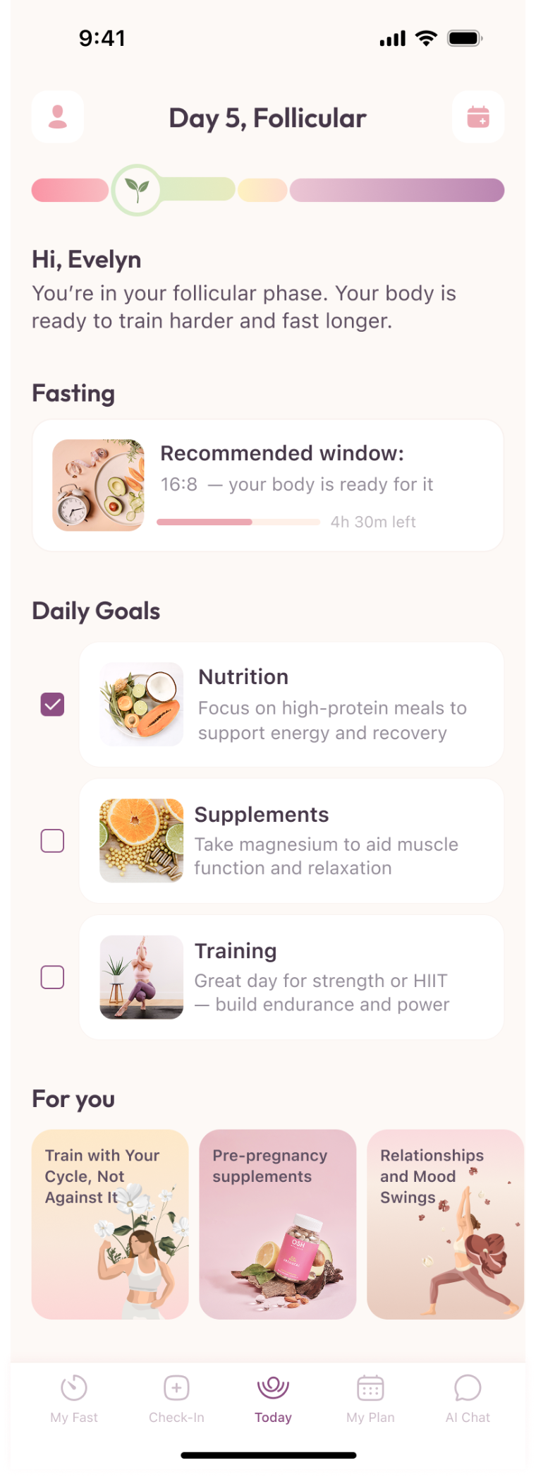 The FemFast daily dashboard: today's phase, fasting window, meals, training and supplements